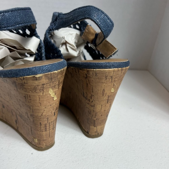 MUDD blue demon Woven Peep Toe Platform Cork Wedge Sandals, size 8 1/2 - Picture 6 of 9